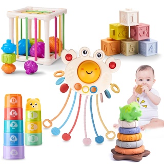 Baby Spielzeug für 6 bis 12 Monate, Montessori Spielzeug Baby ab 6 9 12 Monate 1 2 3 Jahre,5 in 1 SensorischesSpielzeug,Motorikspielzeug,Stapelspielzeug Blöcken,Stapelturm,Silikon Zugschnur Spielzeug