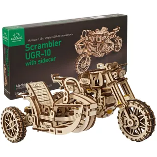 UGEARS Motorrad mit Beiwagen 3D-Puzzles – Vatertagsgeschenk Holzmodellbausätze für Erwachsene zum Bauen – Beiwagen-Motorrad-Modellbausatz im Retro-Design mit Gummibandmotor