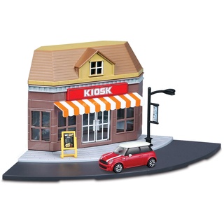 Bburago City Kiosk Set: Spielzeuggebäude, inklusive Zubehör und 1 Spielzeugauto (18-31506)