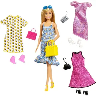 Barbie Fashionistas GDJ40 Set Blonde Puppe und Outfits, Kleidung und Zubehör für 4 komplette Outfits, Spielzeug für Kinder, GDJ40