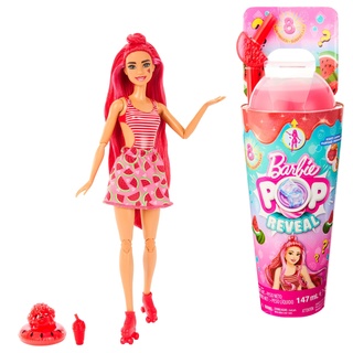 Barbie Pop Reveal Fruit - Puppe mit roten Haaren im Wassermelonenduft, 8 Überraschungen, duftendes Squishy-Hündchen, Farbwechsel im Haar und Make-up, für Kinder ab 3 Jahren, HNW43