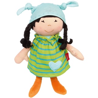 SIGIKID 39649 Puppe Brenda Bilipup, Stoffpuppe mit Kleidchen zum An- und Ausziehen, Kuschelpuppe, Einschlafhilfe, spielen, schmusen, für Babys & Kinder ab 6 Monaten, Grüngestreift 24 cm