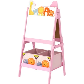 AIYAPLAY 2-in-1 Kindertafel, doppelseitige Kinder Staffelei, Staffelei mit Kreidetafel, Whiteboard, Aufbewahrungsboxen, für Kinder 3-8 Jahre, Rosa   Aosom