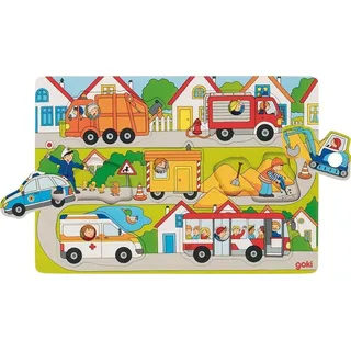 goki 57474 - Hintergrundpuzzle Auf der Straße aus Holz, Polizei, Feuerwehr, Müllwagen, Bus, Holzpuzzle mit großen Knöpfen für kleine Hände, 30cm x21cm, Förderung der Motorik, 7er Set, ab 1 Jahr