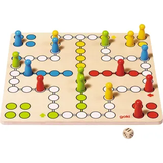 Goki 56710 Brettspiel Ludo, Familienspiel mit 16 Figuren und Würfel, 4 unterschiedeliche Farben, 28x28cm, ab 4 Jahre, bunt, Einheitsgröße