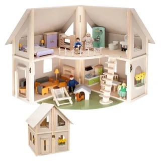 howa Puppenhaus, aus Holz klappbar inkl. 30tlg. Möbelset, 4 Puppen und Hund beige