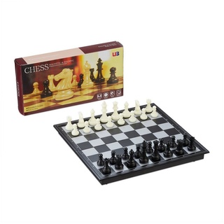 relaxdays Spiel, Schachspiel klappbar und magnetisch grau|schwarz|weiß