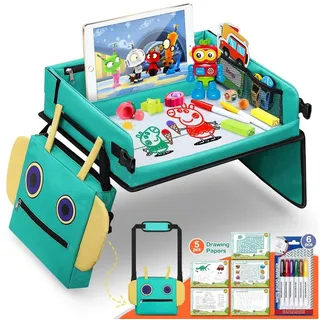 Ophy Spieltisch 2 In 1 Kinder Reisetisch, (Roboter-Rucksack Abnehmbarer Multifunktionaler, Auto Kinder Knietablett Reisetisch Reise Outdoor Indoor), 5 Pädagogische Zeichenpapiere, 6 Farbstifte grün