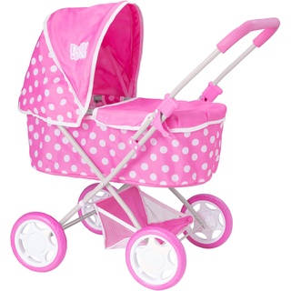Dolly Tots Baby Puppenwagen | Kinderwagen Spielzeug mit Pink-Weißem Punktemuster | Reisesystem mit Aufklappbarem Verdeck und Stauraum Unter dem Sitz | Puppenzubehör und Puppenwagen ab 3 Jahre
