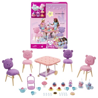 Barbie Tea Party, Meine erste Barbie-Serie, 18 Barbie-Accessoires, Plüschartikel, Servierwagen, Teeservice, Desserts, Barbie-Puppen Nicht enthalten, Geschenk für Kinder, Spielzeug ab 3 Jahre,HMM65