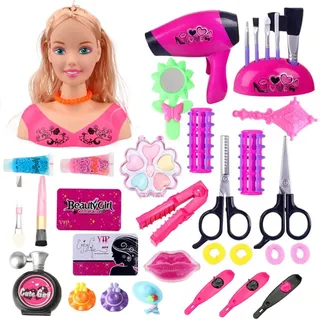 Hiraith Schminkkopf für Mädchen, Kinder Frisierkopf Puppenkopf inklusiv Kosmetik und Zubehör,Haartrockner, Make-up Pinsel, Styling Kopf Rollenspiele für Mädchen