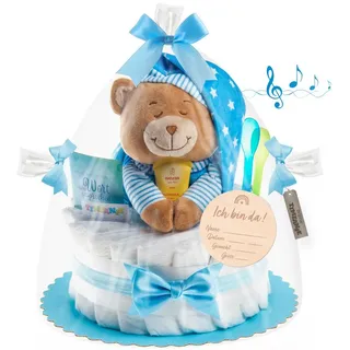 Timfanie Neugeborenen-Geschenkset Windeltorte, Spieluhr Schlafmütze, blau, 0-8 Monate (28-tlg., 20 Pampers Premium, 1 Marken-Kuscheltie, wertige Accessoires) blau