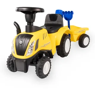Rutschauto Traktor New Holland ab 1 Jahr | Kinderauto mit Anhänger | Rutschfahrzeug mit Schaufel und Rechen | Kinderfahrzeug in gelb | Rutscher mit Soundtasten und Licht | Lizenziertes Kinderspielzeug