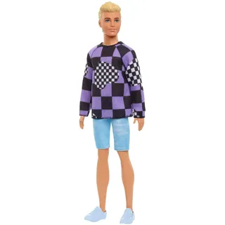 Barbie Fashionista-Puppe, Ken-Puppe mit blonden Haaren, Jeans-Shorts, karierter Pullover, weiße Schuhe, inkl. Ken, Geschenk für Kinder, Spielzeug ab 3 Jahre,HBV25