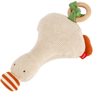 SIGIKID 39676 Strick-Greifling Gans Knitted Love, Babyspielzeug aus Baumwollstrick mit Holzring und Rassel, zum Greifen, Hören und Spielen für Babys von 3-12 Monaten, Cremeweiß, 24x13x9 cm