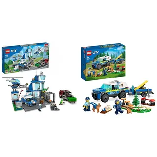 LEGO City Polizeistation mit Polizeiauto, Müllauto und Hubschrauber & City Mobiles Polizeihunde-Training, Polizeiauto-Spielzeug mit Anhänger