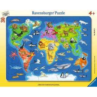 Ravensburger 66414 Kinderpuzzle-06641 Weltkarte mit Tieren-Rahmenpuzzle für Kinder ab 4 Jahren, mit 30 Teilen, Yellow