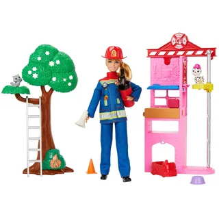 Barbie-Karriere Feuerwehrfrau-Puppe und Spielset mit Feuerwache und Baum, 2 Tieren, Farbwechseleffekt und mehr als 10 Zubehörteilen darunter ein Feuerlöscher-Spritzspielzeug, HRG55