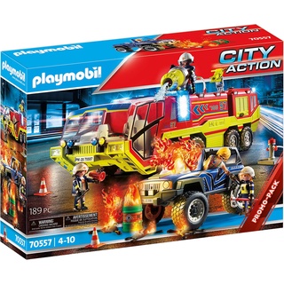 PLAYMOBIL City Action 70557 Feuerwehreinsatz mit Löschfahrzeug, Inkl. Licht- und Soundeffekt, Für Kinder von 4-10 Jahren