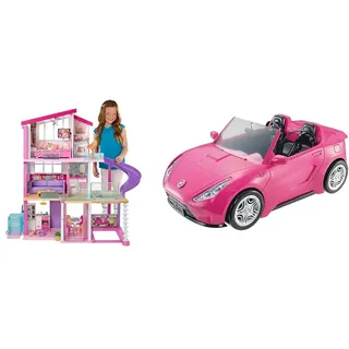 Barbie GNH53 Traumvilla Dreamhouse Adventures Puppenhaus mit 3 Etagen, 8 Zimmer, Pool mit Rutsche und Zubehör, ca. 116 cm hoch & Cabrio Fahrzeug, in pink, mit Platz für 2 Puppen, Puppen Zubehör