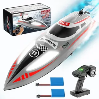 OBEST RC Boot mit LED-Licht, 30km/h High Speed Rennboot, 30min Lange Akkulaufzeit, Upgrade Waterproof Remote Control Boat, Autopilot-Modus Nie-Kentern Geschwindigkeit-Einstellbar Speedboot (Grau)