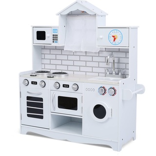 Baby Vivo Kinderküche Spielküche mit Vorhängen Fenster Mikrowelle Waschmaschine aus Holz Kinderspielküche Küche Holzküche Spielzeugküche - Maya mit Vorhängen in Weiß