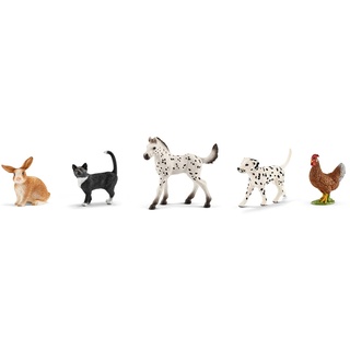 schleich "Haustier-Familie" bestehend aus Knabstrupper Fohlen, Dalmatiner Rüde, Henne, Kaninchen und Katze