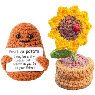 SiSfeL 2 Stück Pocket Hug Positive Kartoffel, Gestrickte Sonnenblume, Positive Potato Pocket Hug, Mini-Plüsch Lustige Potato Puppe, Geschenk für Familie Freund
