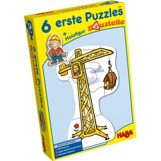 Haba 3901 - 6 erste Puzzles Baustelle, Puzzle mit 6 lustigen Baustellenmotiven für Kinder ab 2 Jahren, mit Bauarbeiterholzfigur zum freien Spielen