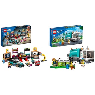 LEGO 60389 City Autowerkstatt, Mechaniker-Spielzeug-Werkstatt mit individuell gestaltbaren Spielzeugautos ab 6 Jahren & 60386 City Müllabfuhr, Müllwagen Spielzeug mit Mülltonnen für Kinder ab 5 Jahren