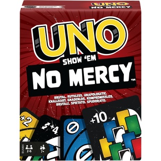 UNO Show 'em No Mercy - 56 zusätzliche Karten, harte Aktionskarten und brutale Spielregeln für die gnadenloseste Version, Stapelregel und Handkartentausch, ab 7 Jahren, HWV18