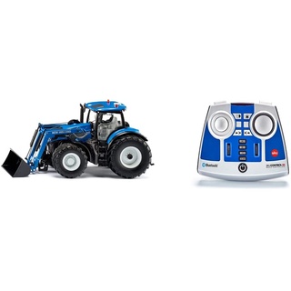 siku 6797, New Holland T7.315 Traktor mit Frontlader, Blau, Metall/Kunststoff, 1:32, Ferngesteuert & 6730, Bluetooth Fernsteuermodul, Für Siku Control Fahrzeuge mit Bluetooth-Steuerung, Blau/Silber