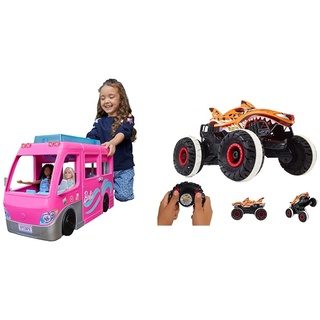 Barbie Dream Camper Van (75 cm) mit 7 Spielbereichen, inkl Pool und Rutsche & Hot Wheels Ferngesteuertes Auto Tiger Shark, Monstertruck, mit 'Terrain Stomp' Technologie