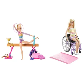Barbie Turnspaß -Spielset mit Schwebebalken und über 10 thematisch passenden Teilen & Fashionista-Puppe, Rollstuhl mit blonden Haaren und Regenbogen-Jumpsuit