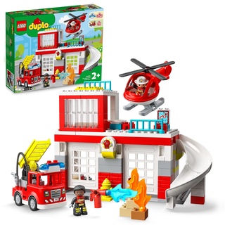 LEGO DUPLO Feuerwehrwache mit Hubschrauber, Feuerwehr-Spielzeug aus Bausteinen für Kleinkinder ab 2 Jahre, mit Feuerwehrauto und 2 Figuren, Geschenk für Mädchen und Jungen 10970