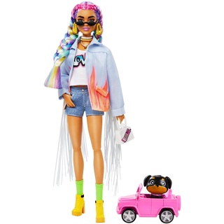 Barbie GRN29 - Extra Puppe mit geflochtenem Regenbogen-Zopf, Langer Jeans-Jacke, Hündchen, Regenbogenzöpfen, Zubehörteile, mehrere bewegliche Gelenke, Spielzeug für Kinder ab 3 Jahren