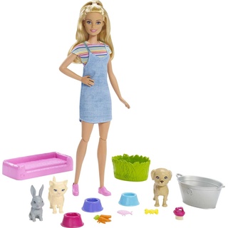 Barbie FXH11 - Badespaß Tiere & Puppe mit Blonder Puppe, 3 Tieren mit Farbwechsel-Funktion (Hündchen, Kätzchen und Häschen) sowie 10 Zubehörteilen, Geschenk für Kinder von 3 bis 7 Jahren