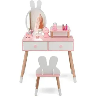 FANTASK 2-in-1-Frisiertisch mit Spiegel, Kinder Schminktisch Set mit Kaninchen Design, 2 Schubladen & Ablage, Schminkset mit Massivholzbeinen