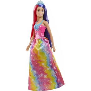 Barbie GTF38 - Dreamtopia Regenbogen Königlich (ca. 30 cm) mit extralangen Fantasiehaaren in Zwei Farben, Haarbürste, Haarschmucken und Stylingzubehör, Geschenk für Kinder von 3 bis 7 Jahren