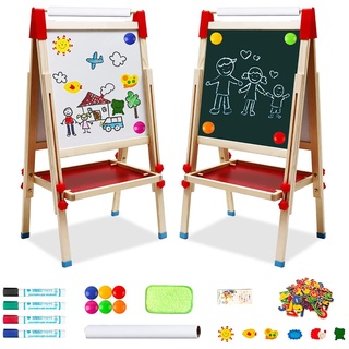 NUKied Kindertafel aus Holz mit Papierrolle Doppelseitige Whiteboard und Tafel Kinder Staffelei mit Zahlen und Anderem Zubehör für Kinder und Kleinkinder (T04)