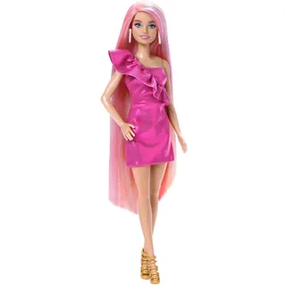 Barbie-Puppe, Fun & Fancy-Haar mit extralangem, farbenfrohem blondem Haar und glänzendem rosa Kleid, 10 Frisier- und Mode-Spielaccessoires, JDC85