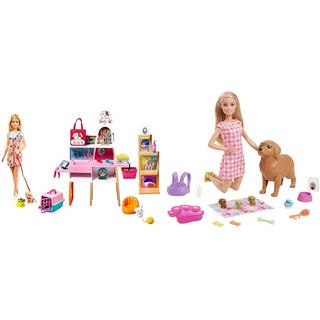 Barbie GRG90 - Puppe und Haustiersalon-Spielset mit 4 Haustieren, Farbwechsel-Fellpflegefunktion und Zubehör & HCK75 - Welpen-Spielset Puppe (ca. 29 cm, mit blonden Haaren), Hündin