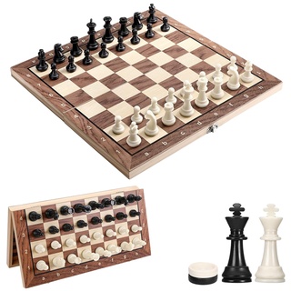 Schachspiel Magnetisch, 3 In 1 Schachbrett Holz Hochwertig Schach und Dame, Einklappbar und Tragbar Chess Board Set für Erwachsene Kinder Party Reisen (29x29cm)