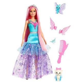 Barbie-Puppe mit 2 fantastischen Tieren und Kleid, Barbie-Puppe Malibu“ aus Barbie Ein verborgener Zauber“, ca. 17 cm lange Haare, JCW48