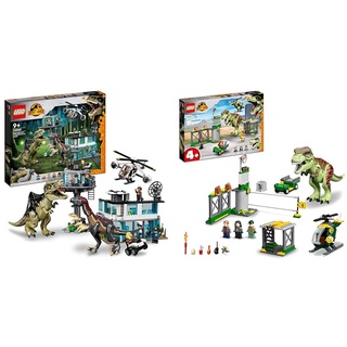 LEGO 76949 Jurassic World Giganotosaurus & Therizinosaurus Angriff & 76944 Jurassic World T. Rex Ausbruch, Dinosaurier Spielzeug ab 4 Jahre, Set mit Figur, Hubschrauber, Flughafen und Spielzeugauto