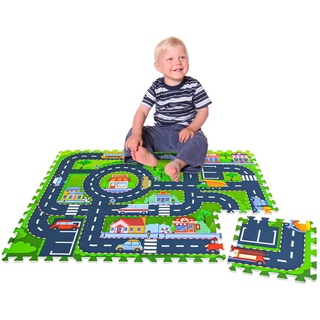 LittleTom Puzzlematte 12 Teile Puzzlematte Straße für Kinder 30x30 cm, Spielstraße Puzzle Spielteppich bunt