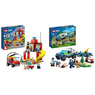 LEGO 60375 City Feuerwehr Feuerwehrstation und Löschauto & 60369 City Mobiles Polizeihunde-Training, Polizeiauto-Spielzeug mit Anhänger, Hunde- und Welpenfiguren, Tier-Set für Kinder ab 5 Jahren