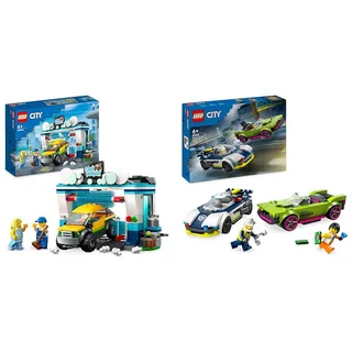 LEGO City Autowaschanlage, Set mit Spielzeugauto für Kinder ab 6 Jahren & City Verfolgungsjagd mit Polizeiauto und Muscle Car, Auto-Spielezug