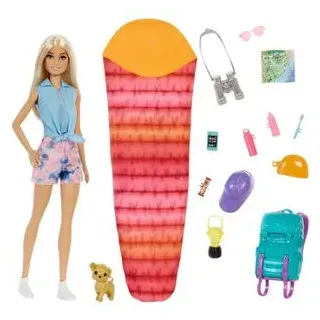 Barbie Puppe Camping Set It Takes Two, ab 3 Jahre, Malibu-Puppe mit Hund und Camping-Zubehör, 30 cm