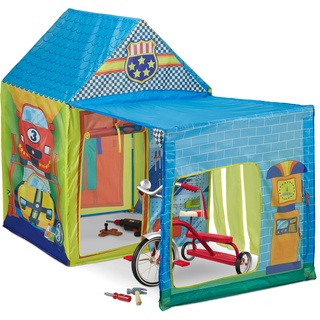 Relaxdays Spielzelt Autowerkstatt, mit Anbau, Kinderzelt groß, drinnen & draußen, Krabbelzelt, HBT: 109x146x75 cm, bunt